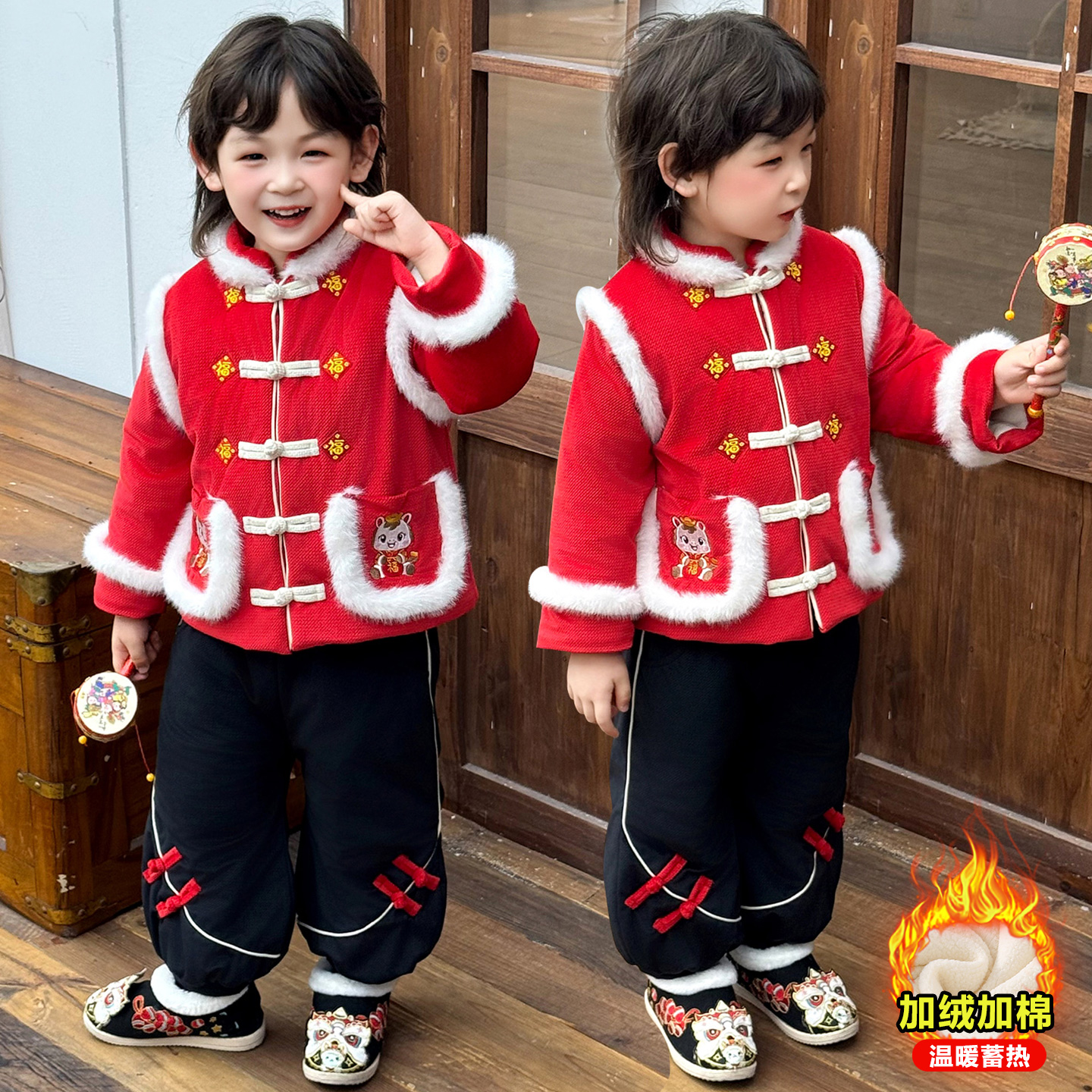 马年男童拜年服儿童中国风唐装加绒加厚冬季宝宝周岁套装新年过年