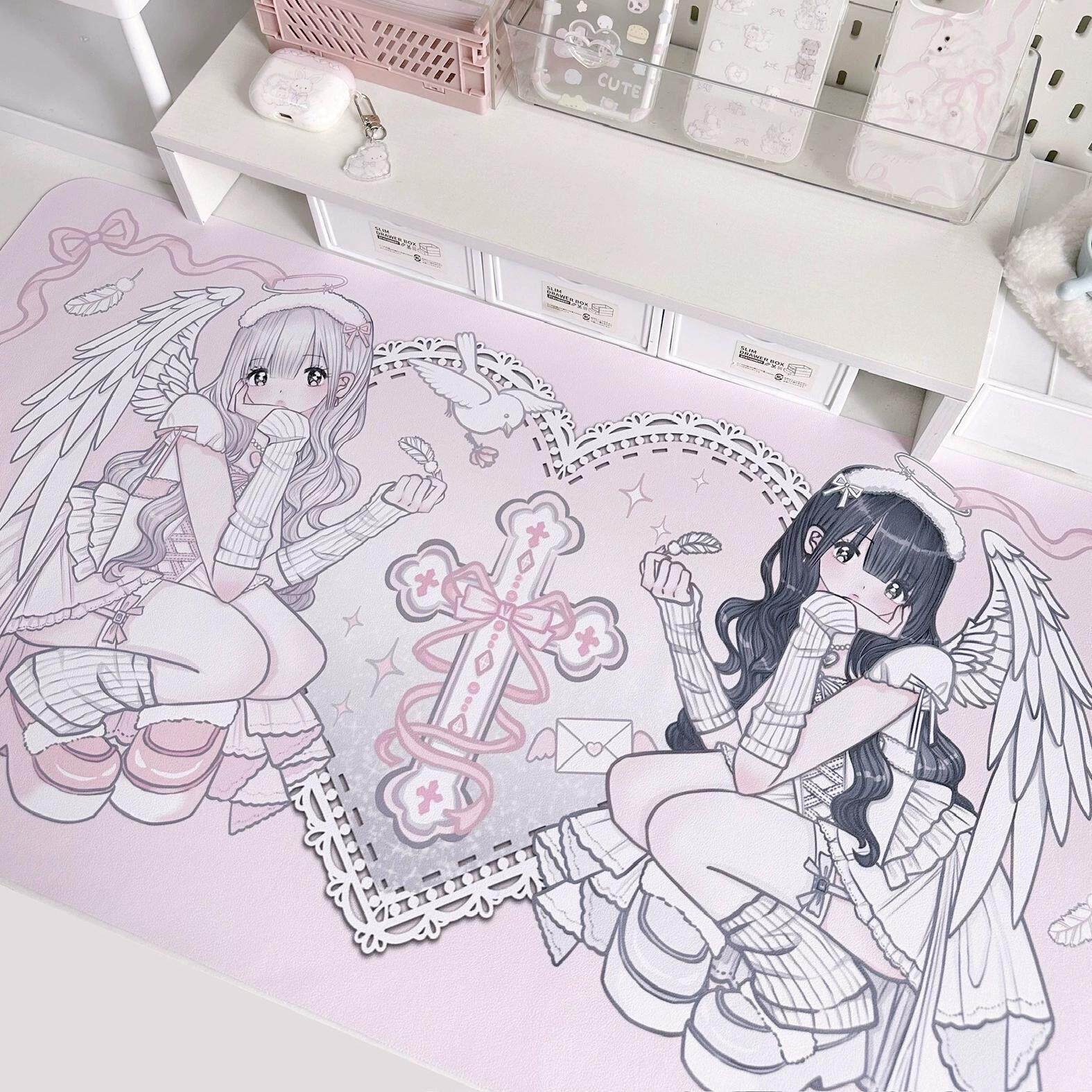 卡通天使少女皮革桌垫桌搭拍照二次元少女心书桌面垫加厚防水防滑