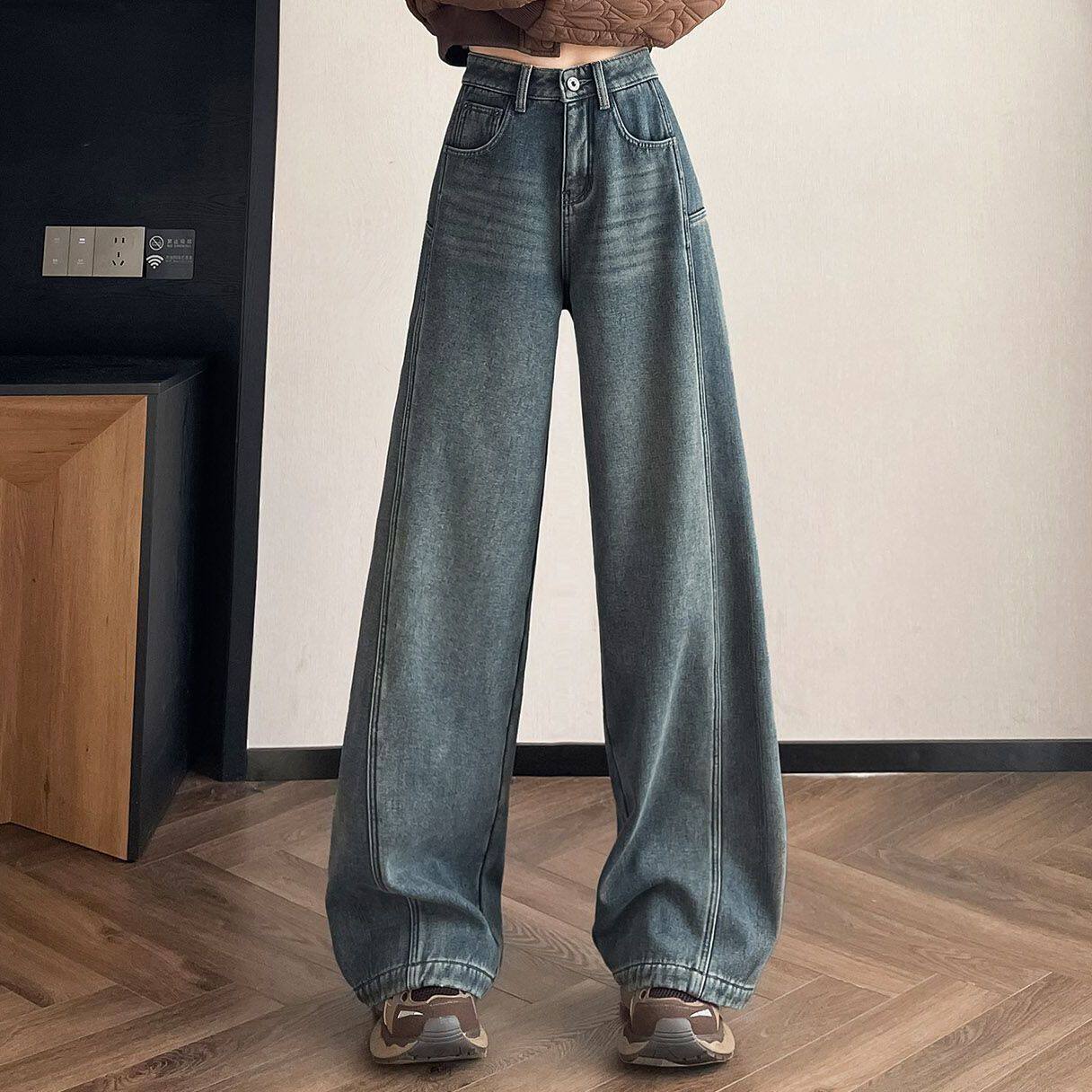 复古高腰弯刀牛仔裤女2026新款百搭春季宽松显瘦阔腿裤牛仔蓝