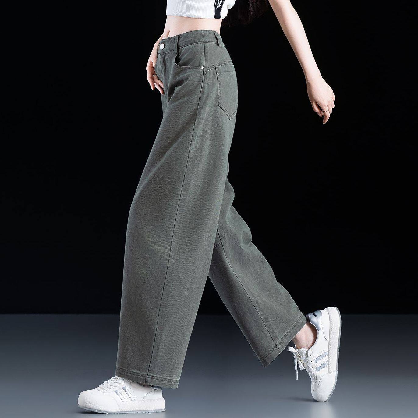 绿色弯刀牛仔裤女款爆款2026新款九分裤小个子直筒裤子宽松阔腿裤