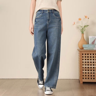 直筒牛仔裤女高腰休闲裤2025秋冬百搭松紧腰复古宽松窄版阔腿长裤