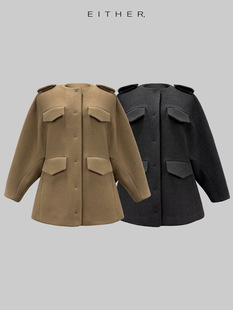 韩国2026春季新款圆领肩章中长款羊毛毛双面宽松高级感大衣女外套