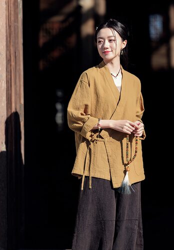 26棉麻女装新款复古禅意斜襟宽松亚麻系带汉服上衣外套女式禅茶服
