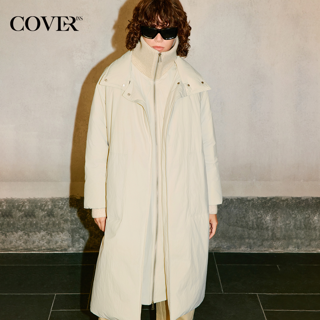 COVERINS假两件针织翻领鹅绒羽绒服女长款2025冬季新款CC35508100