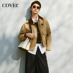 COVERINS巴恩风短外套女撞色灯芯绒翻领工装 夹克CC35110018