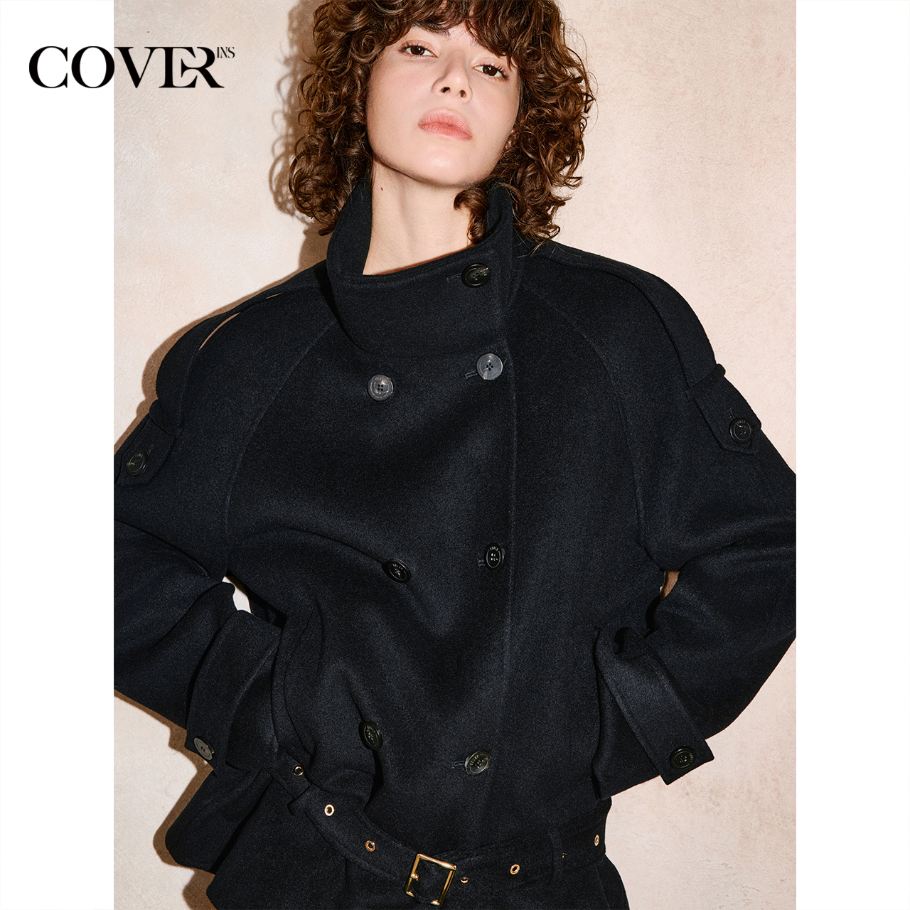 COVERINS羊毛立领双排扣系带风衣大衣女短款2025冬新款CC35510190