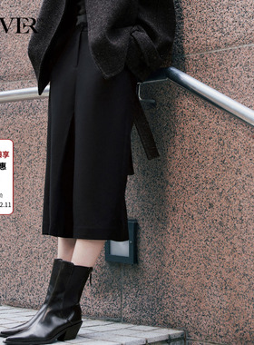 COVERINS黑色毛呢直筒半身裙中长款简约羊毛混纺CC34550030
