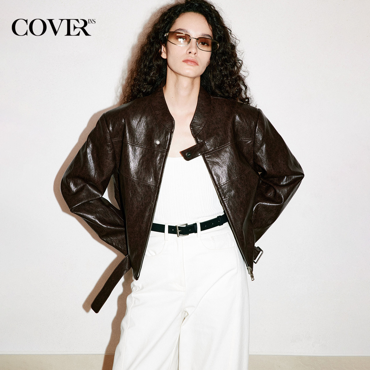 COVERINS深咖油蜡感PU皮衣外套女短款夹克2026春新品CC36110160