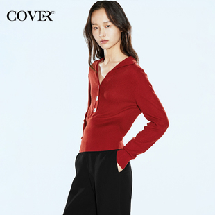女长袖 COVERINS2025春装 天丝羊毛针织衫 红色polo翻领修身 上衣 新款