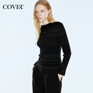 上衣女 金银丝条纹小高领坑条羊毛针织衫 COVERINS2024秋季 新款