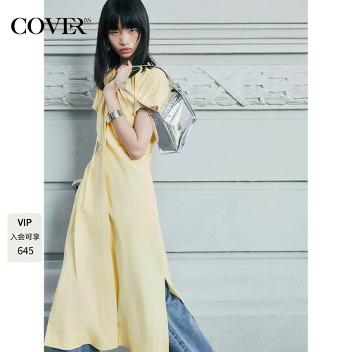 COVERINS浅黄色短袖连衣裙中长款收腰抽褶夏季CC34305110