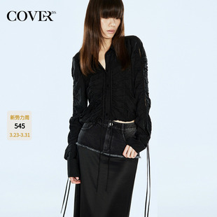 COVERINS黑色100醋纤衬衫 CC34230140 女设计感褶皱抽绳衬衣短款