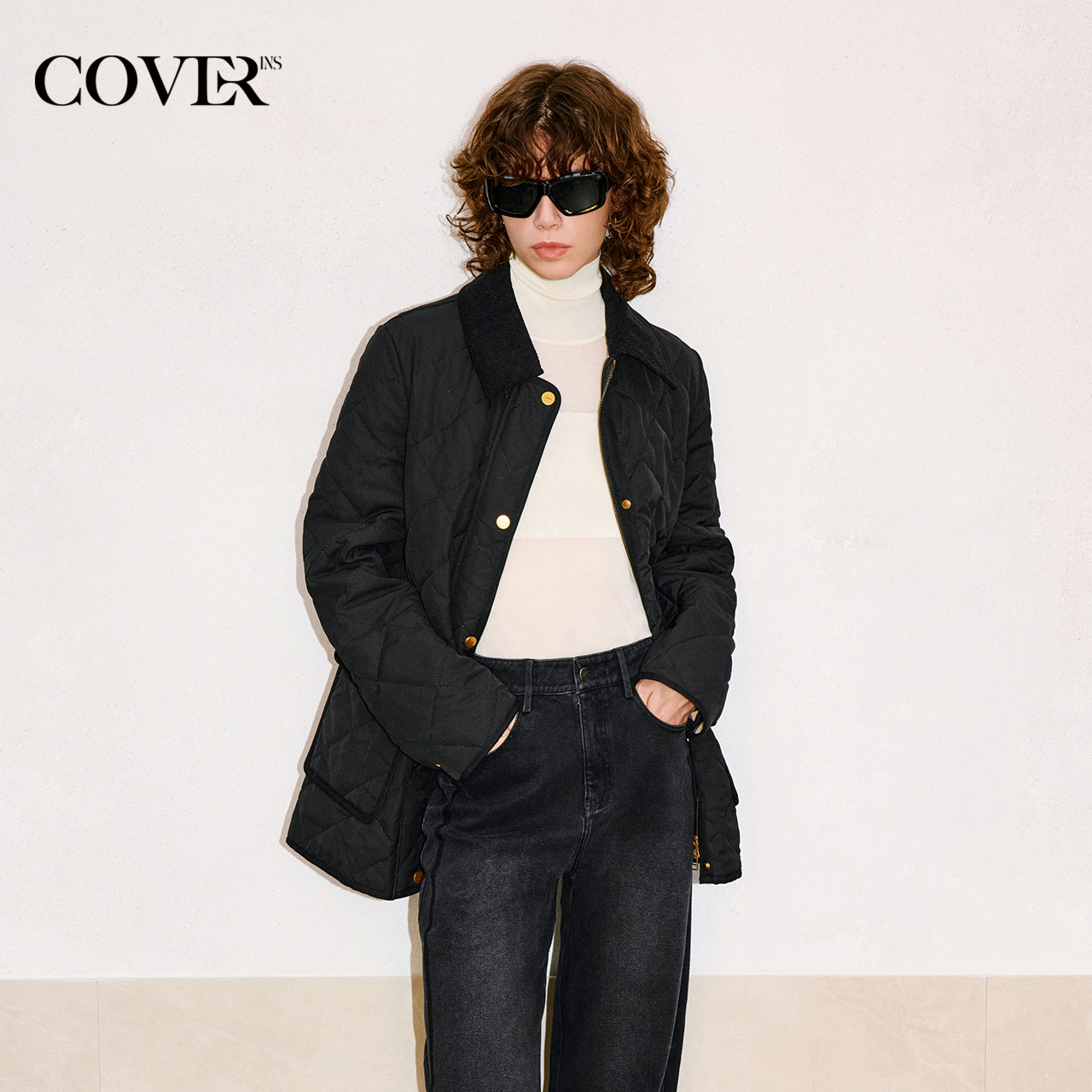 COVERINS翻领菱格棉服外套女夹真丝羊毛2025冬新款CC35508110