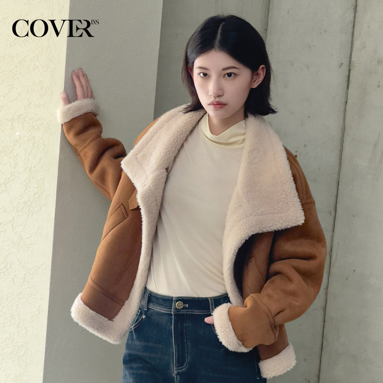 COVERINS【博主同款】2024年冬新款全羊毛机车风外套女仿皮毛一体