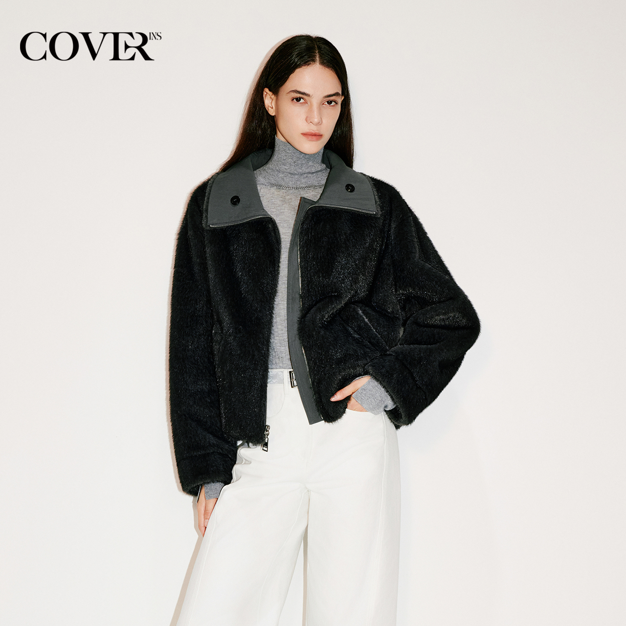 COVERINS两面穿仿皮草外套女短款2025冬季新款CC35510080