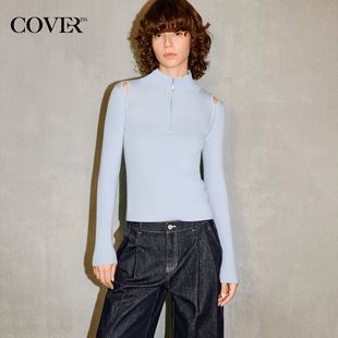 高领镂空上衣2025秋新款 COVERINS48支羊毛半拉链针织衫 女修身