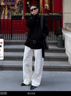 COVERINS黑色羊毛立领双排扣系带风衣大衣女2025冬新款CC35510190