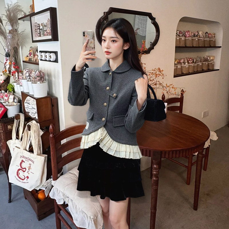 水无月日系温柔气质千金风套装女拼接荷叶边毛呢外套半身裙两件套