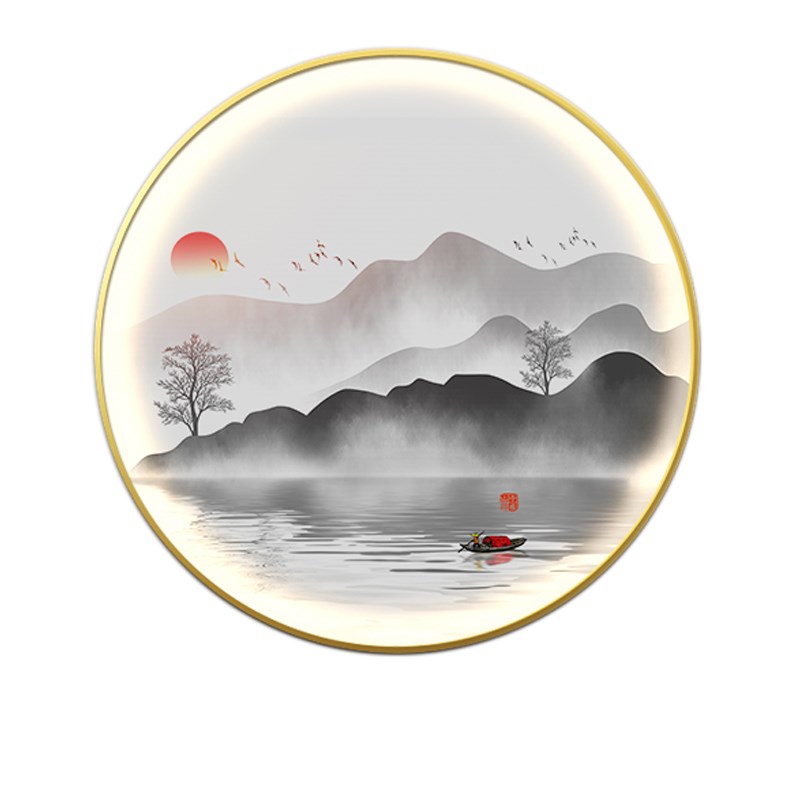 新中式背景墙装饰画圆形带灯山水B画入户玄关晶瓷现代轻奢客厅挂图片