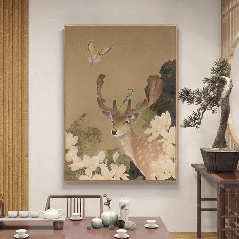 现货速发油画吉祥动物客厅装饰画入户玄关走廊挂画竖版轻奢喷绘图片