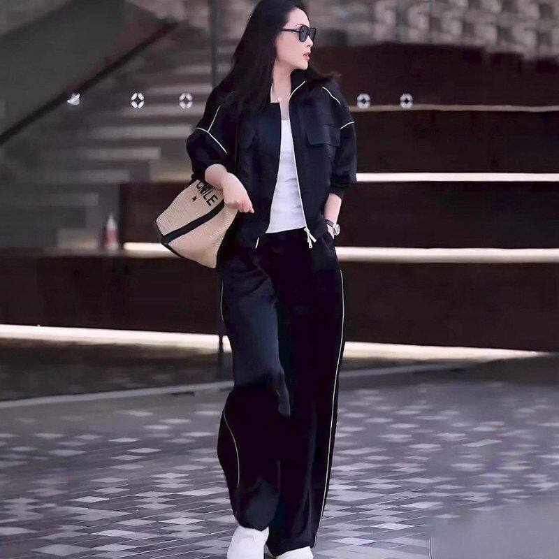 慵懒风休闲运动套装女韩版高级感春季黑色翻领宽松卫衣两件套女装