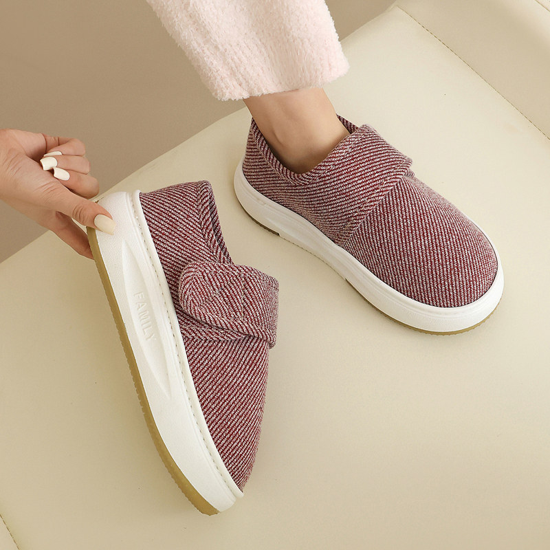 春秋薄绒款男女士厚底包跟棉拖鞋魔术贴防滑保暖居家中老年人布鞋