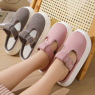 新款亚麻布拖鞋男女居家厚底包头室内外舒适透气防滑手工软底布鞋