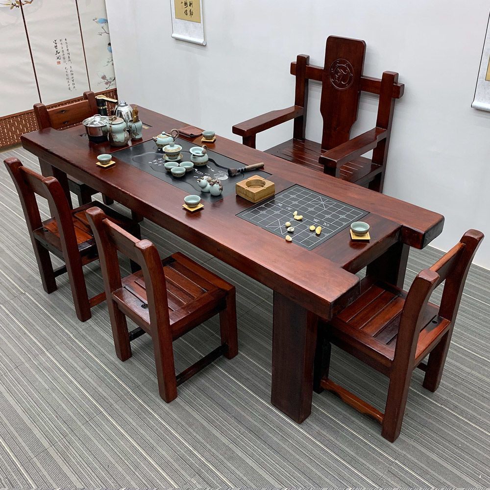 老船木茶台中式全实木茶几高档办公茶桌椅组合原木茶桌一体一整套