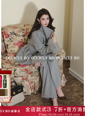 CUICUI崔崔【清雅气场】100羊毛+狐狸毛袖口灰色斗篷双面呢大衣女