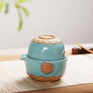 单人天青色汝瓷茶杯 汝窑茶具一壶一杯冰裂釉快客杯旅行茶具便携式
