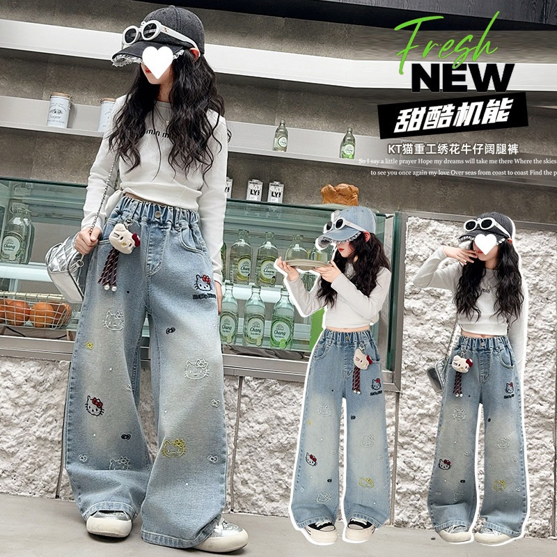 2025新款女童春装送吊偶洋气牛仔阔腿裤春夏薄款儿童薄款女裤潮流