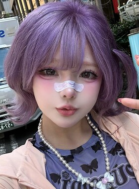 快速发货小鱼f苗紫色可爱假发短发女全头套万圣节y2k辣妹外翻翘反