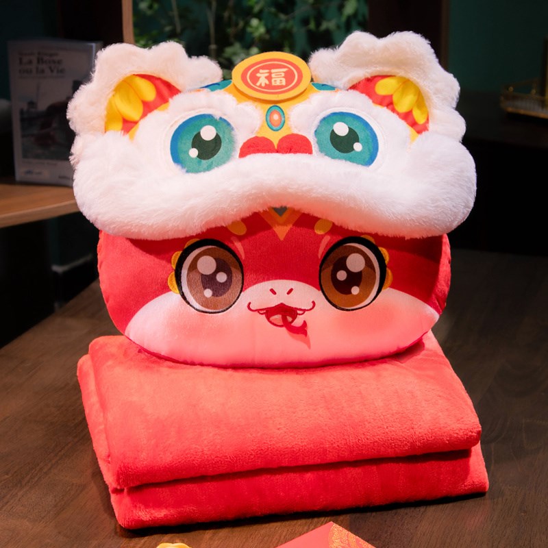 速发靠025国潮醒狮抱枕客厅枕发2垫蛇年抱沙毯子二合一