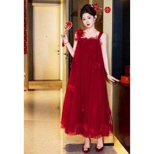 快速发货晨袍女新娘结婚蓬蓬纱裙日常可穿酒红P色法式订婚礼服高