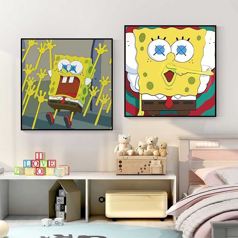 现货kaws海绵宝宝装饰画卧室床头挂画卡通潮流简约儿童房壁画