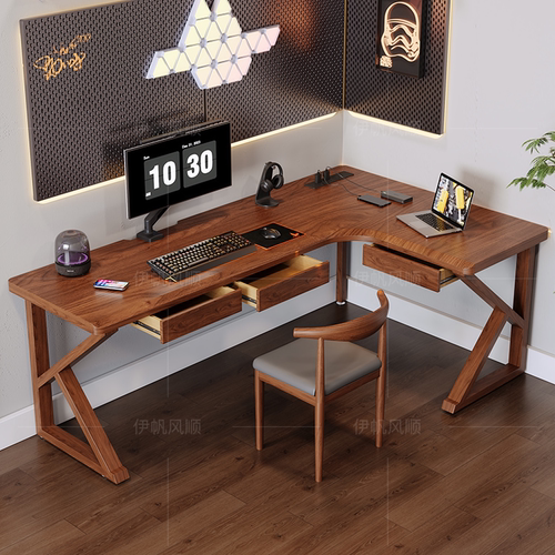 实木转角电脑桌带排插带抽屉L型