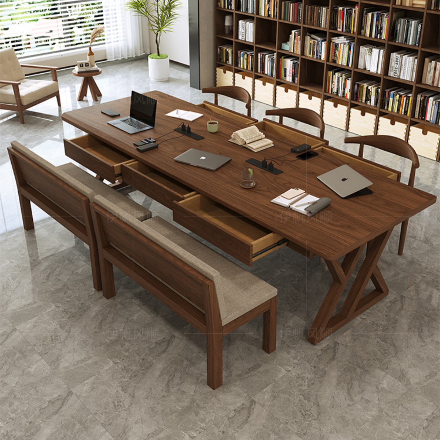 纯实木实心书桌带抽屉收纳