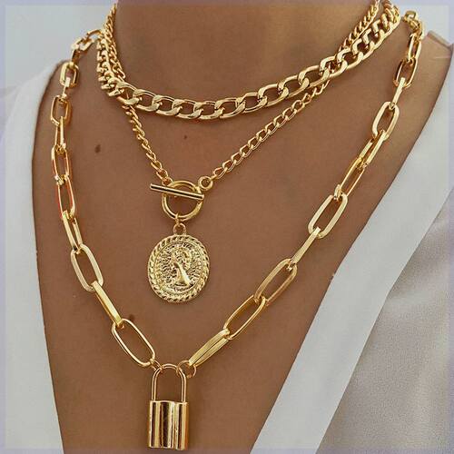 2024 Multilayer Gold Color Thick Chain Lock Pendant Necklace