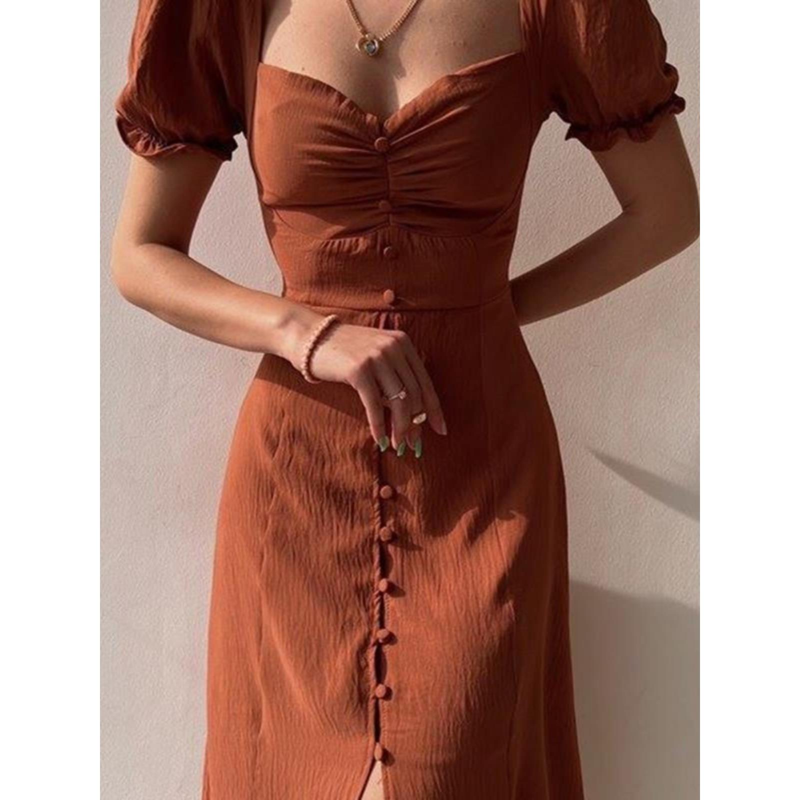 欧美春夏V领单排扣气质中长款连衣裙Women Elegant V-neck dress