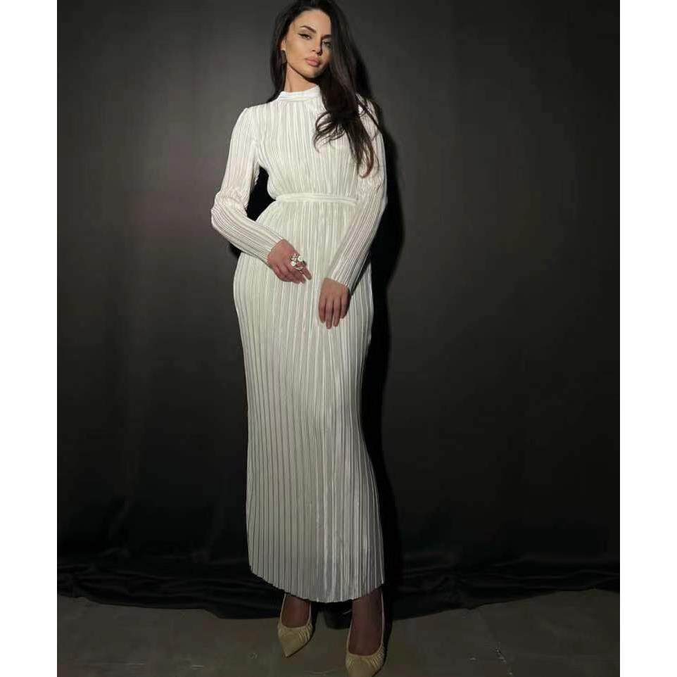 Solid Long Sleeve Dress半高领修身包臀裙褶皱长袖系带连衣裙女
