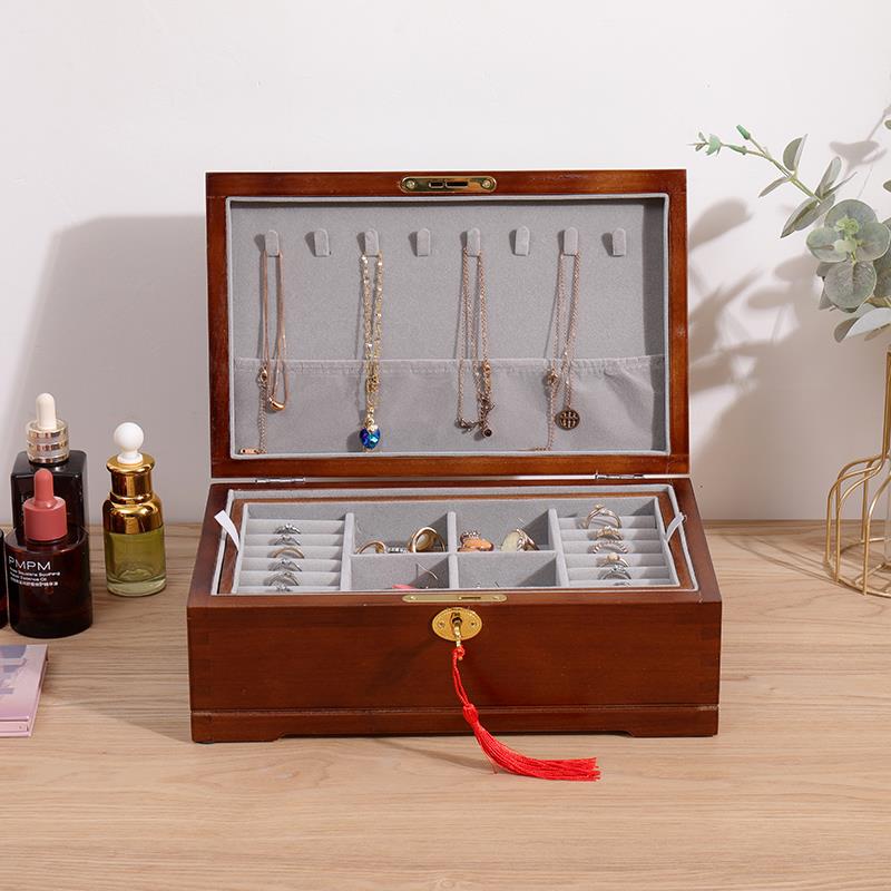 实木首饰盒收纳盒绒布珠宝戒指耳饰手饰品盒三金首饰盒大容量木盒