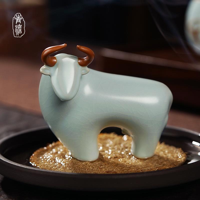 汝窑牛茶宠摆件开片可养茶玩景德镇陶瓷手工汝瓷茶道功夫茶具配件