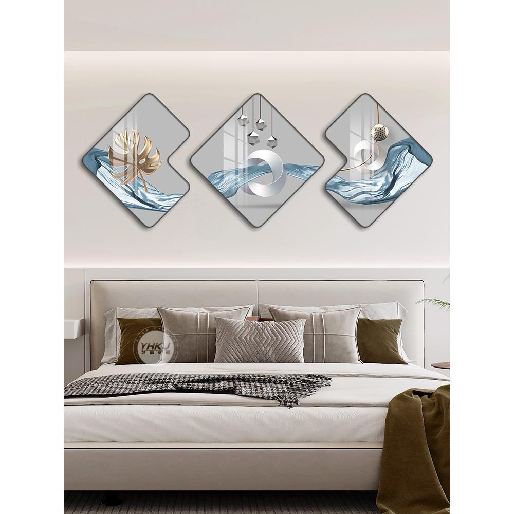 现代简约主卧室床头装饰画高级感三联挂画轻奢大气多边形房间壁画