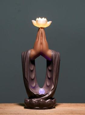 中式禅意创意佛手莲花陶瓷办公室摆件客厅博古架酒柜大号夜灯装饰