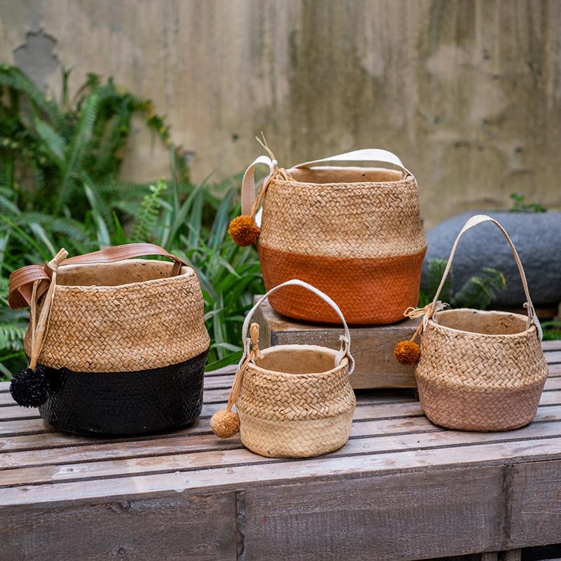 掬涵草编效果水泥吊篮花盆器手提装饰糖果色北欧壁挂家居客厅摆件