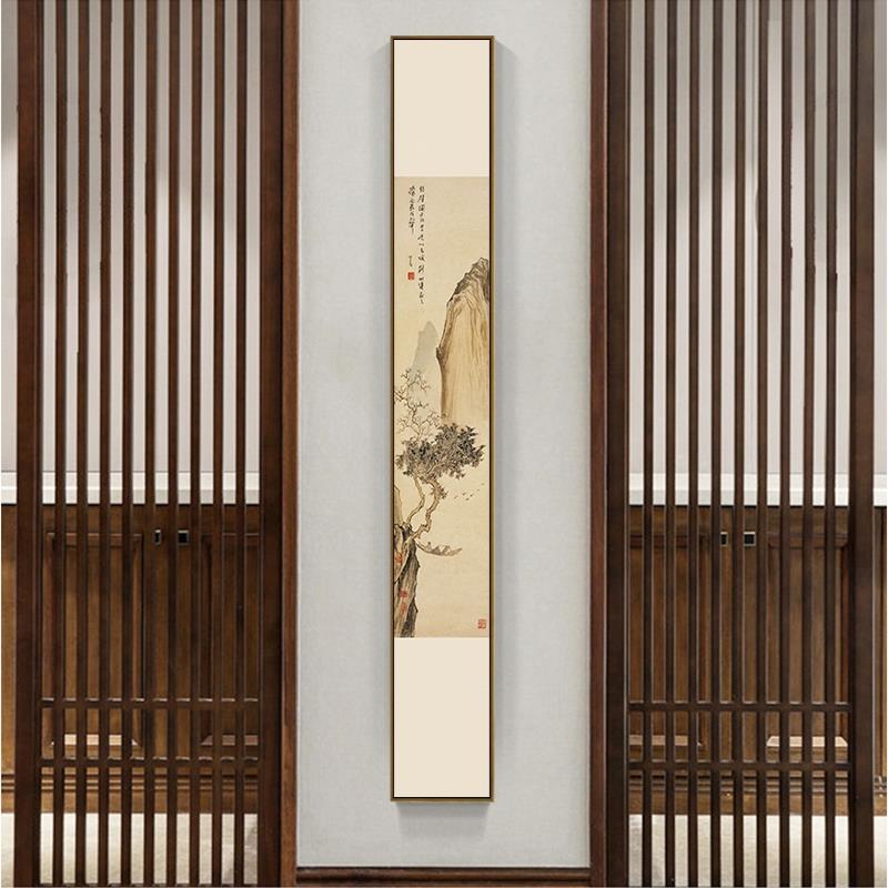 新中式装饰画过道楼梯走廊挂画茶室背景墙壁画竖幅细长条玄关网红图片