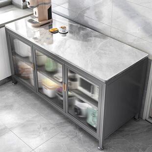厨房置物架落地多层岩板台面餐柜微波炉烤箱轻奢带门储物收纳柜