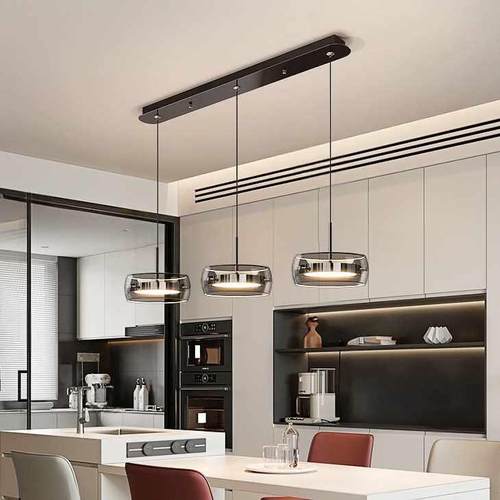 餐厅吊灯现代简约餐桌灯高级感轻奢极简玻璃三头吧台饭厅中山灯具