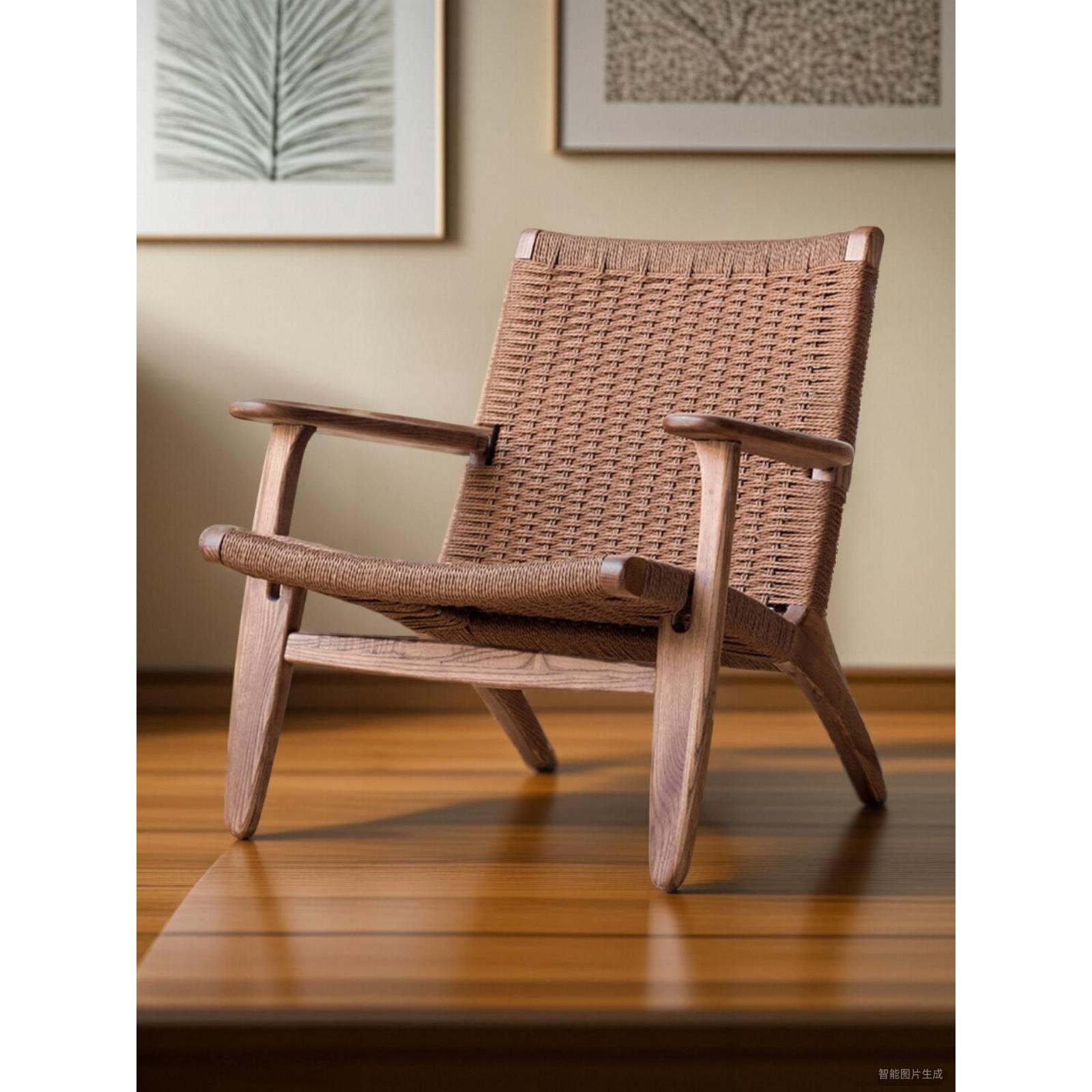 马鞍椅北欧实木复古单人沙发民宿酒店中古绳编折叠椅子靠背椅藤椅