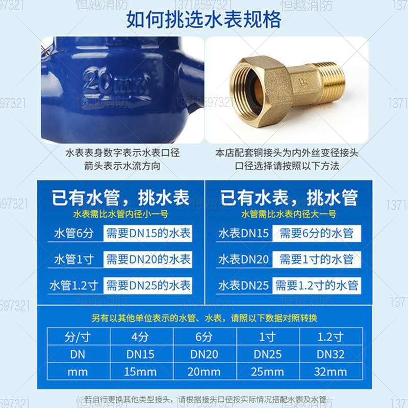 立式水表4分6分旋翼式数字自来水表水表竖式家用DN1520丝扣热水表